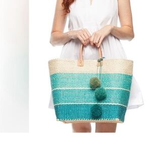 Mar Y Sol Collins Stripe Seagrass Pom Pom Tote - Samana Tote- Água